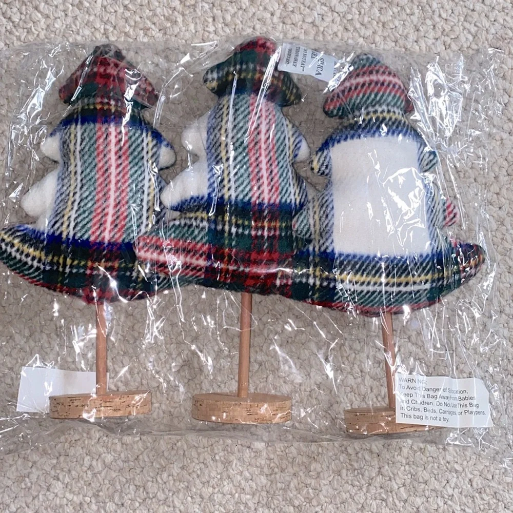X3 Wondershop Plaid Fabric Christmas Tree with Wood Base‎ Figurine, NEW